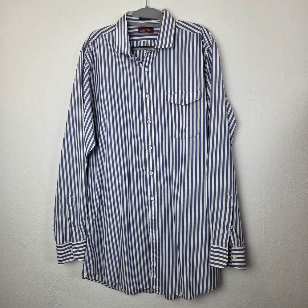 Nordstrom Mens XL-Tall Blue Striped Long‎ Sleeve Button Up Shirt Cotton Blend